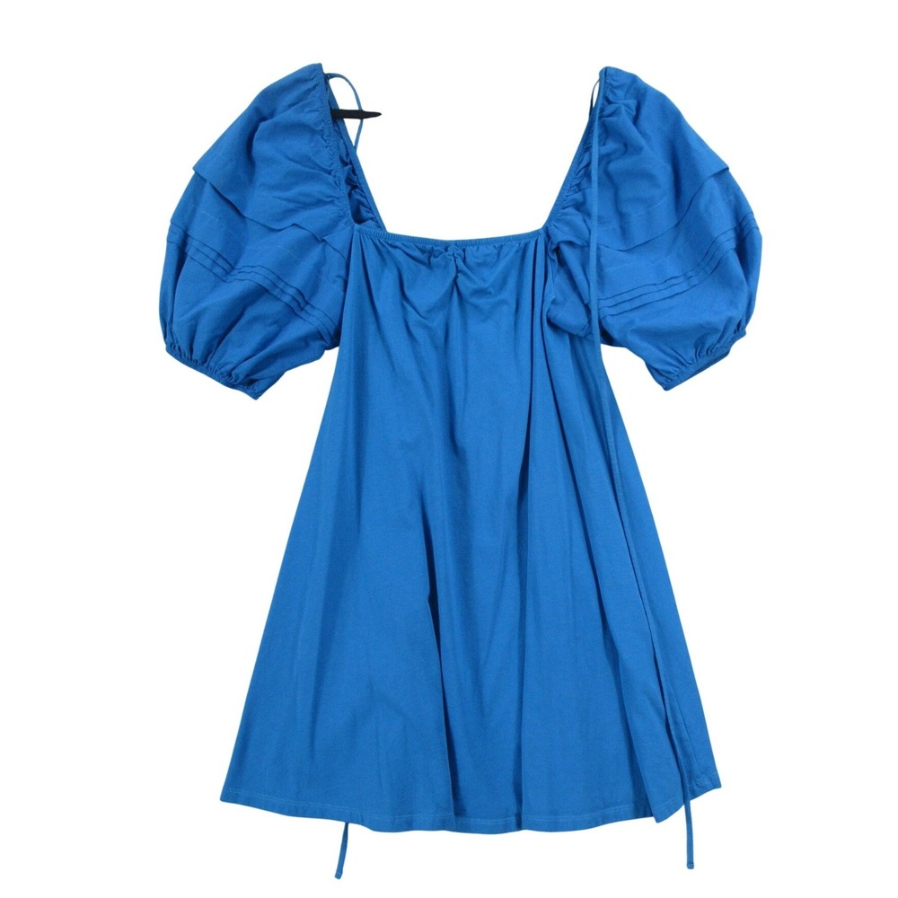 ZARA Womens Blue Cotton Puff‎ Sleeve Square Neck Babydoll Mini Dress Size M
